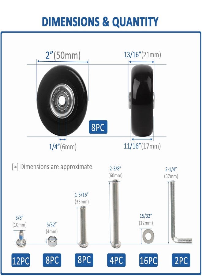 EVARSOL 50mm Luggage Replacement Wheels (Set of 8) - Premium PU Casters with Bearings & Multi-Size Axles - for Travel Trolley, Rolling Bags,Spinner Suitcase - Image 4